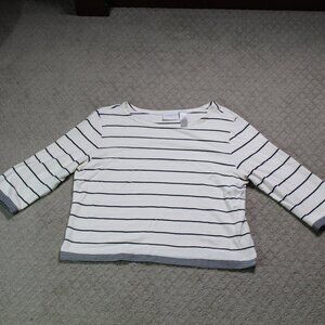 Liz Claiborne Size L Cream Black Striped 3/4 Sleeve Top